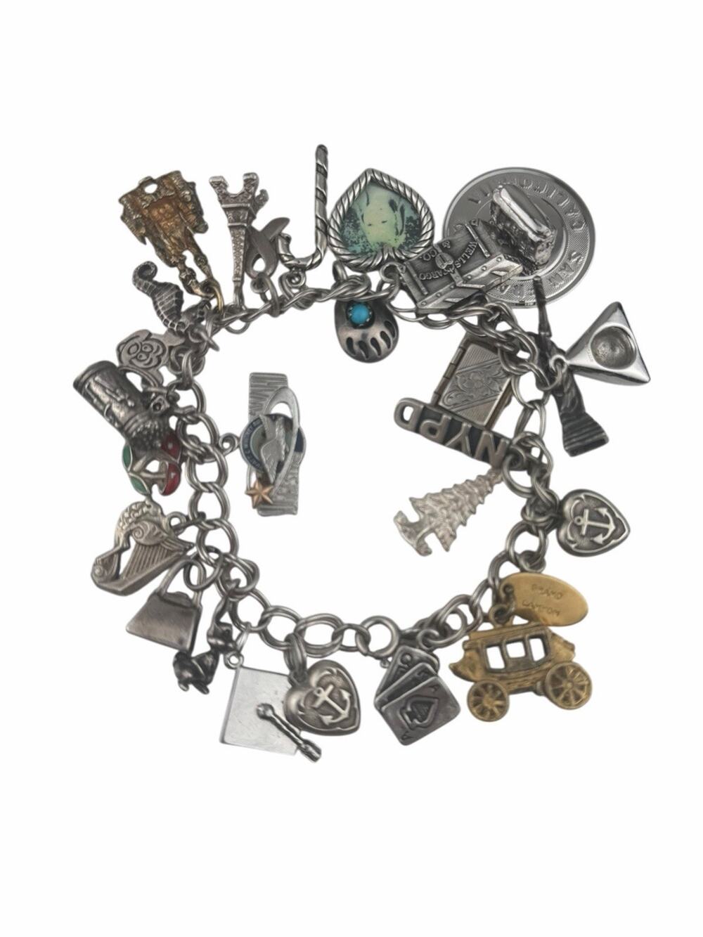 Vintage to Now 25 Charms Sterling Silver Bracelet 7.5" Travel, Animals, Hearts